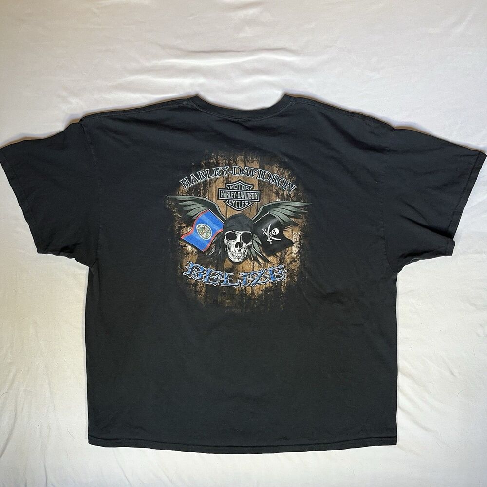 Vintage Harley Davidson Belize Motorcycle Shirt Black Sz 3XL Pirate Flags Skull